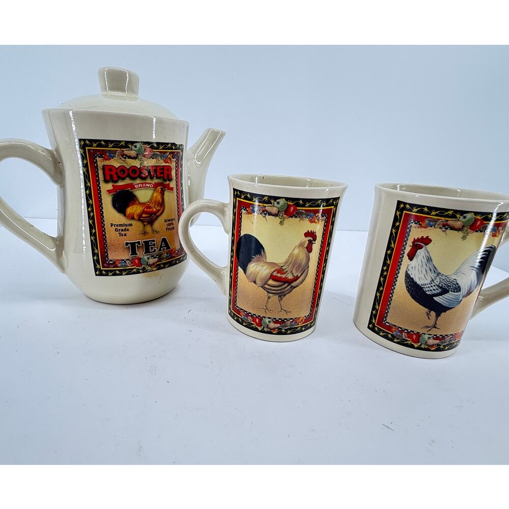 Rooster Tea Set Teapot Two Mugs Farmhouse Country Cottagecore Kitchen Set Of 3